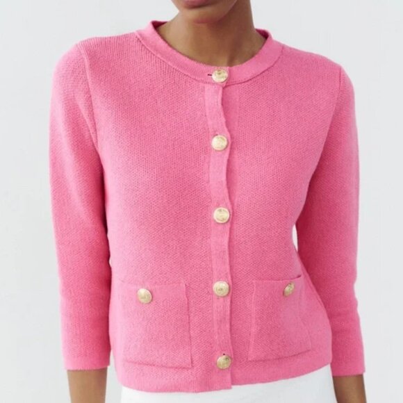 Zara Pink Cardigan Gold Button Details Front Pockets Long Sleeve Textured - Picture 1 of 14
